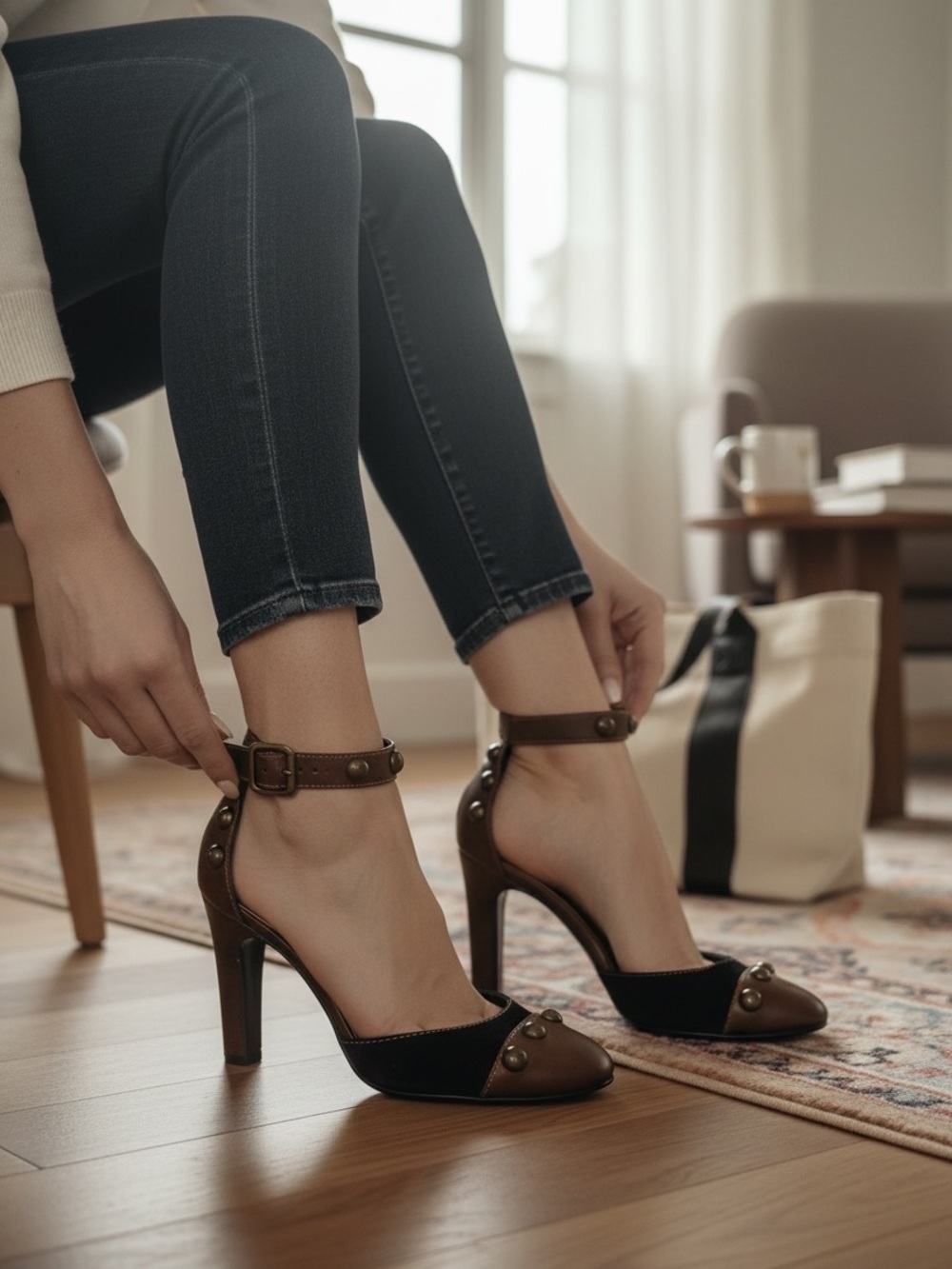 Chloe Brown and Black Studded Ankle-Strap High Heels